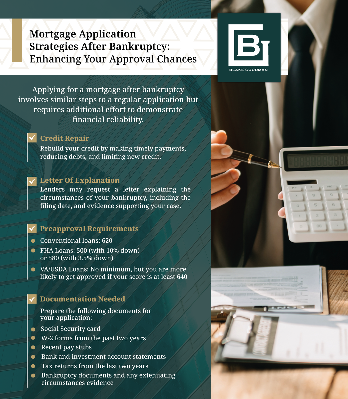 An infographic that explains the mortage application strategies after bankruptcy