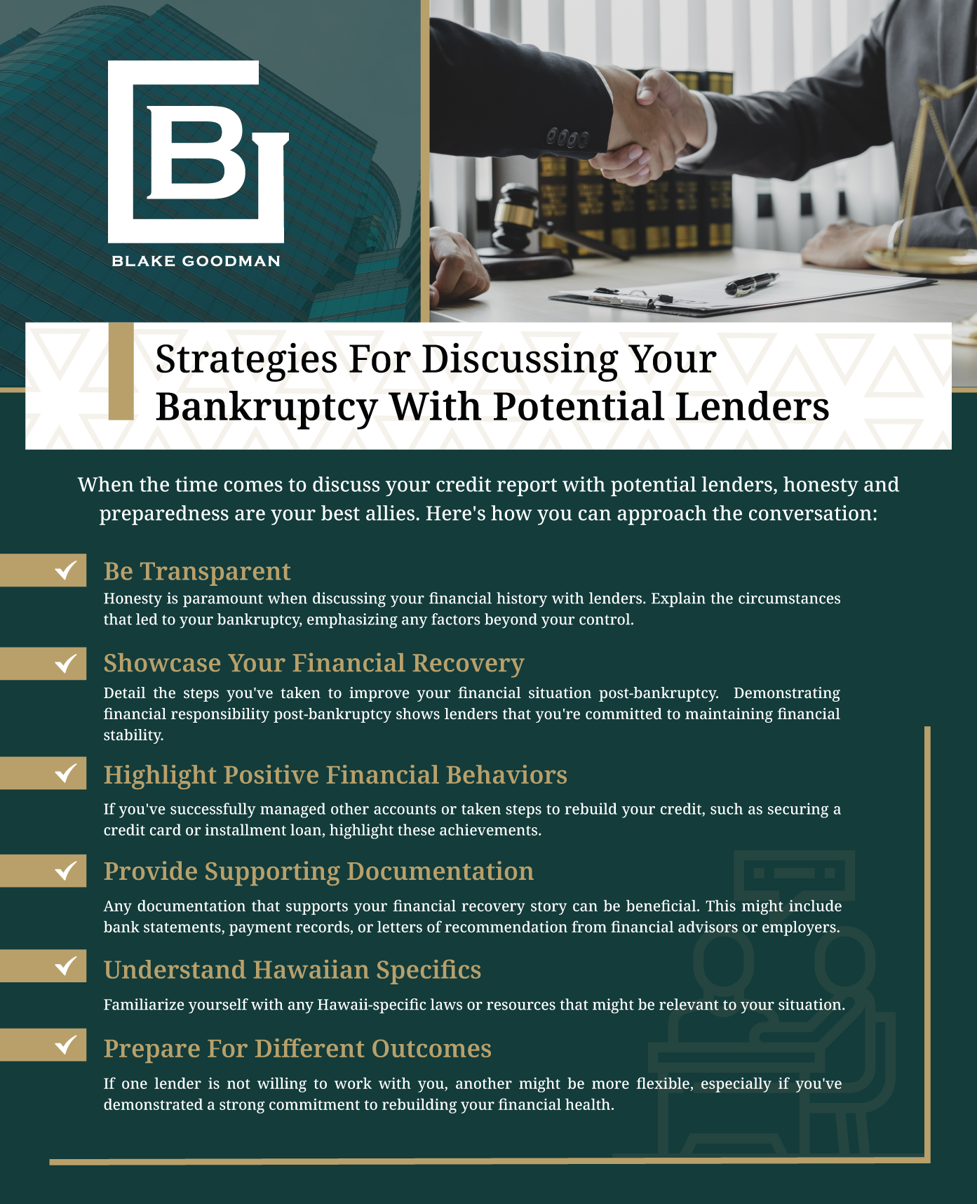 An infographic that explains the strategies for discussing your bankruptcy with potential lenders