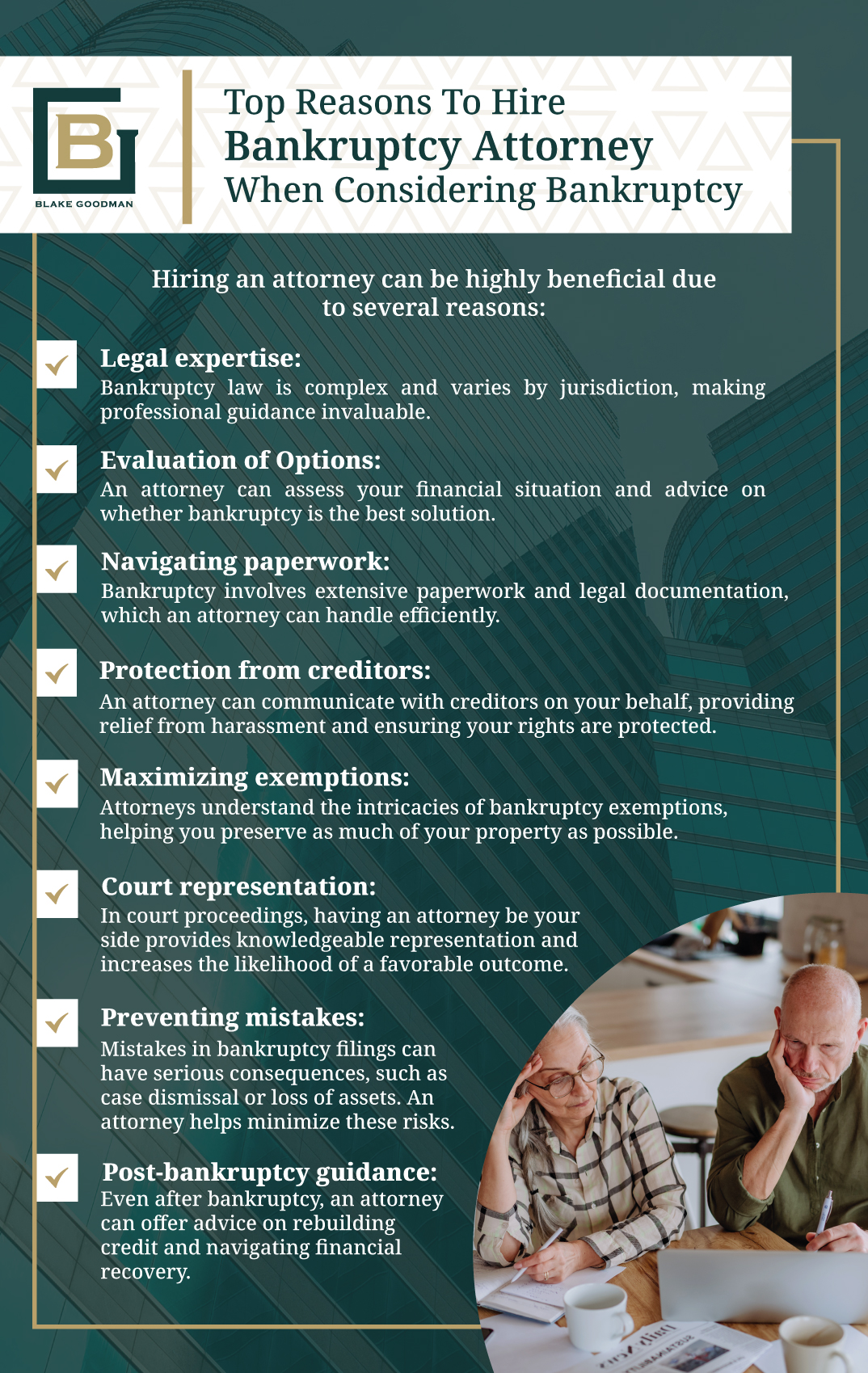 An infographic that explains top reasons to hire bankruptcy attorney