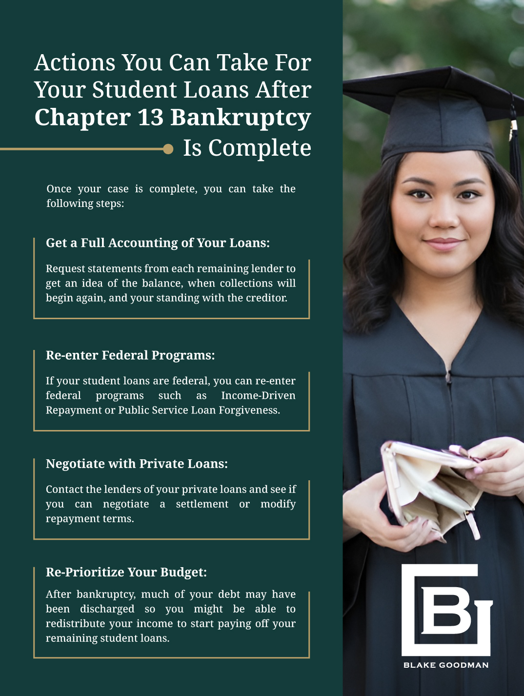 An infographic that explains the Actions You Can Take For Your Student Loans After Chapter 13 Bankruptcy Is Complete