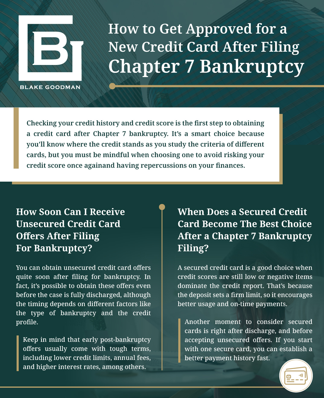 A infographic that explains How to Get Approved for a New Credit Card After Filing Chapter 7 Bankruptcy